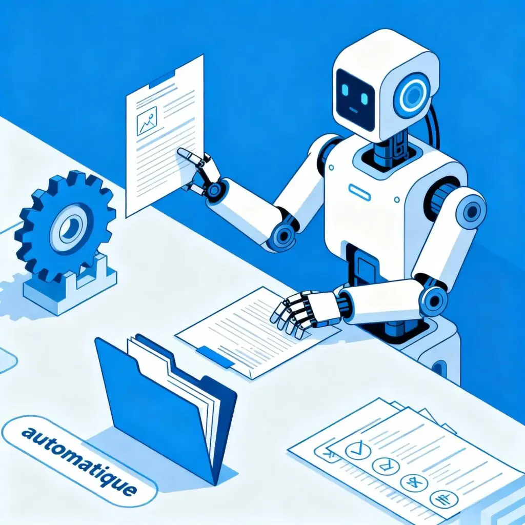 Illustration représentant l'automatisation des tâches administratives RH avec un engrenage et documents sous forme digitale, style flat design