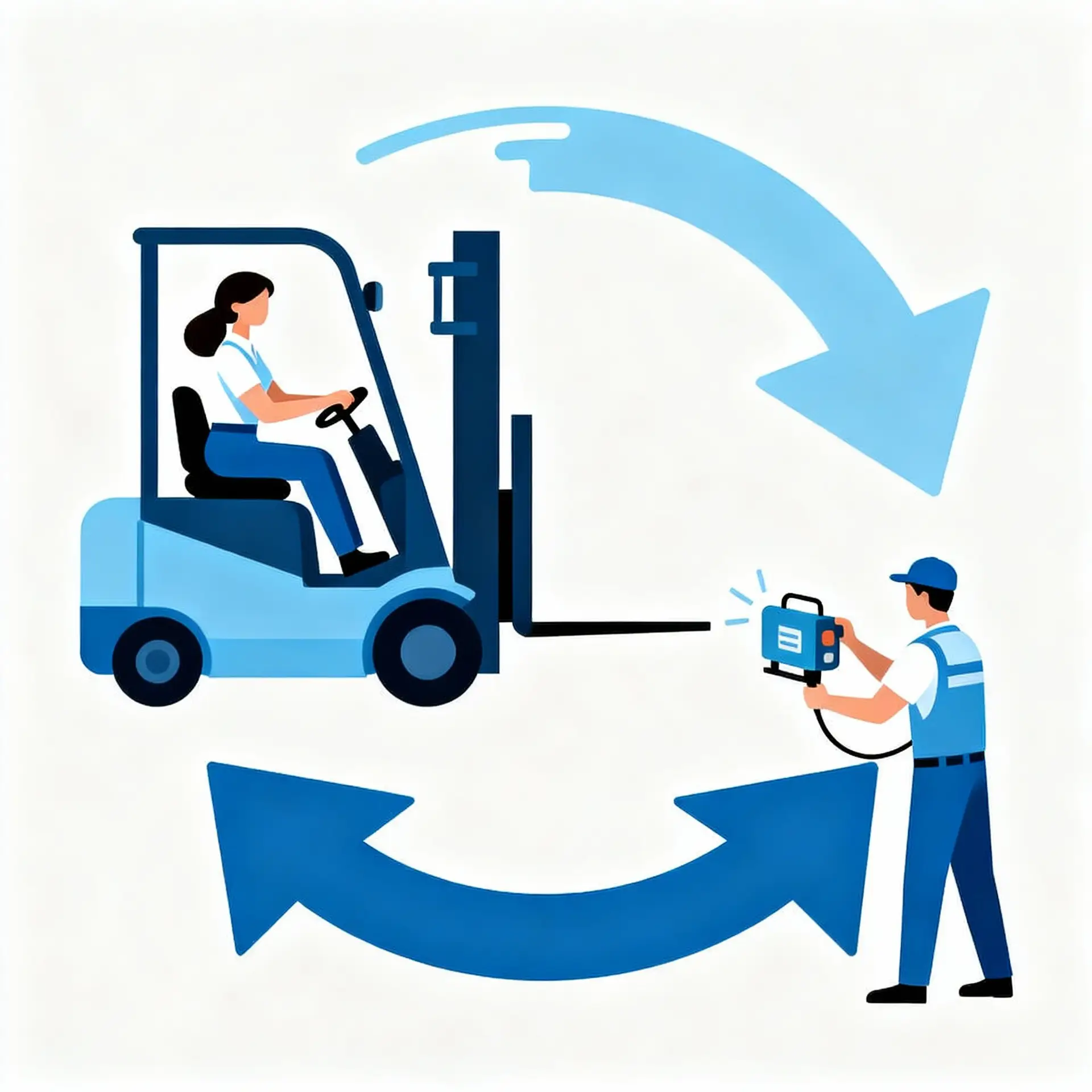 Illustration sur la réforme du suivi médical renforcé avec salariés hommes et femmes, conduite de chariot élévateur et manipulation électrique, santé au travail 2025