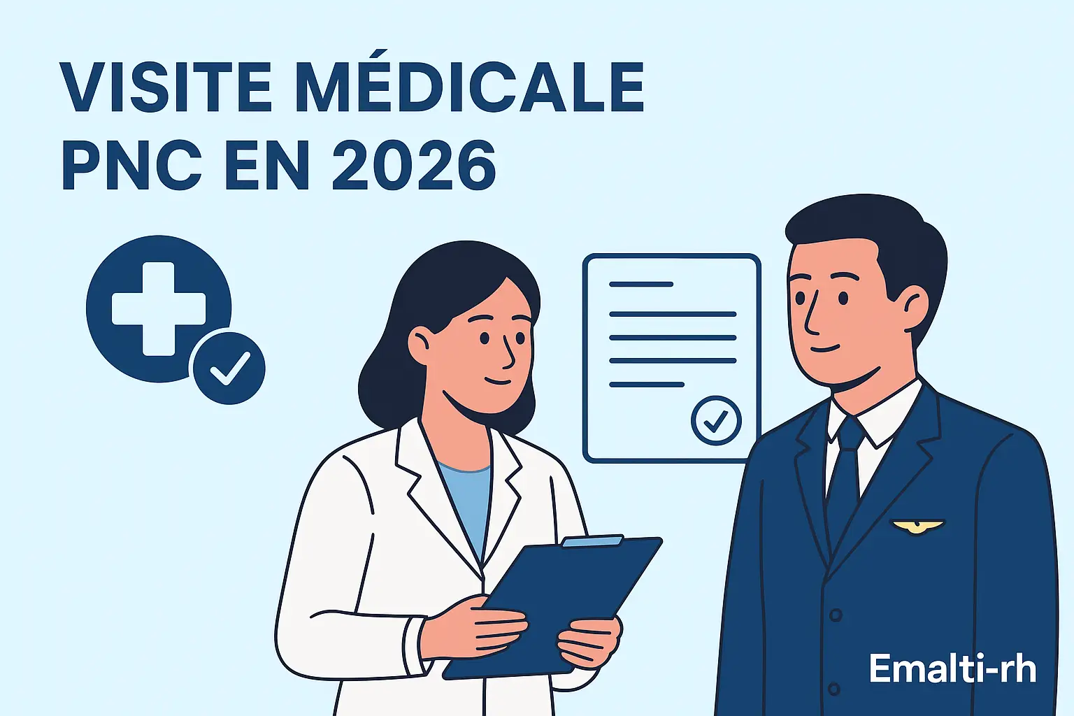 Illustration expliquant la visite médicale PNC 2026 avec une médecin et un personnel navigant commercial.