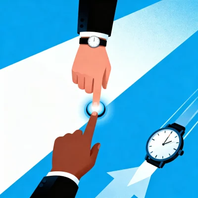 Illustration d’une main cliquant rapidement sur un bouton lumineux symbolisant le démarrage rapide d’un logiciel RH