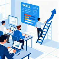 Illustration représentant la gestion des talents et le développement des compétences en ressources humaines, avec collaborateurs en formation et évolution de carrière
