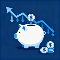 Illustration représentant la réduction des coûts en ressources humaines avec un graphique en baisse et une tirelire, style flat design